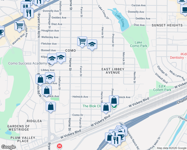 map of restaurants, bars, coffee shops, grocery stores, and more near 5429 Blackmore Avenue in Fort Worth