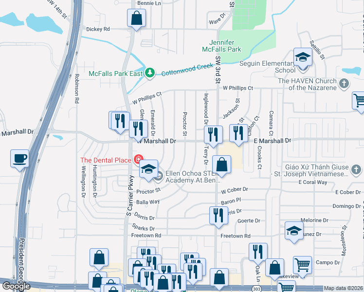 map of restaurants, bars, coffee shops, grocery stores, and more near 1817 Dorothy Drive in Grand Prairie