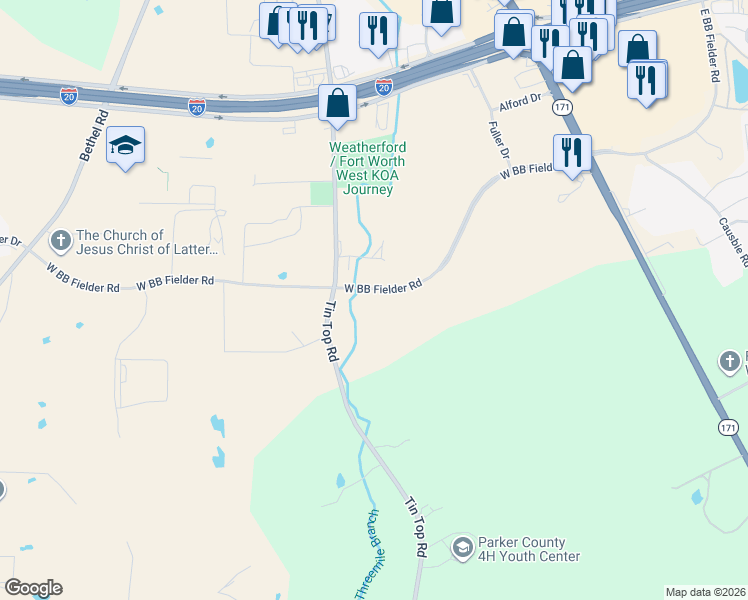 map of restaurants, bars, coffee shops, grocery stores, and more near 2441 Tin Top Road in Weatherford