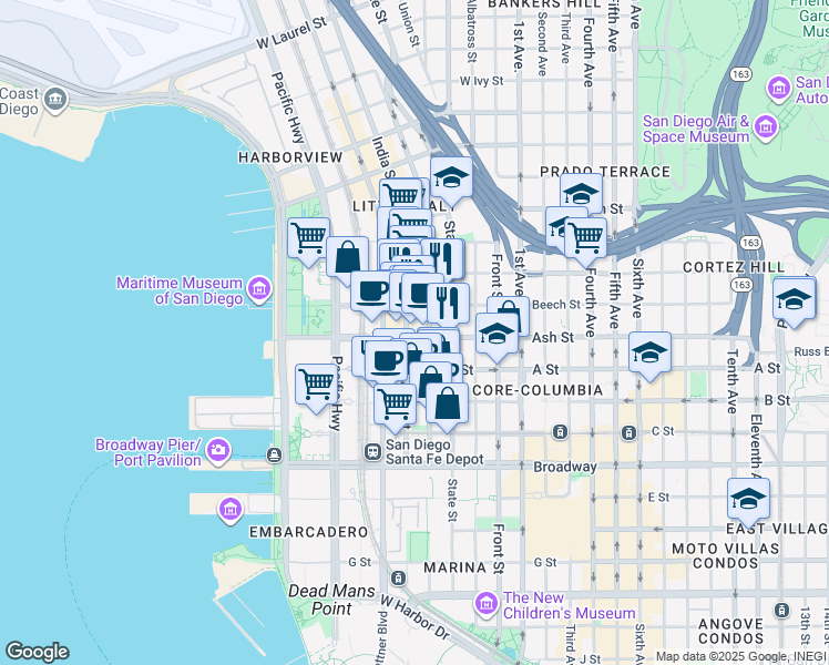 map of restaurants, bars, coffee shops, grocery stores, and more near 555W West Ash Street in San Diego