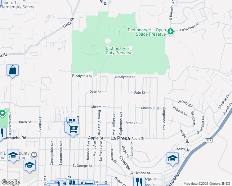 map of restaurants, bars, coffee shops, grocery stores, and more near 1539 San Miguel Avenue in Spring Valley