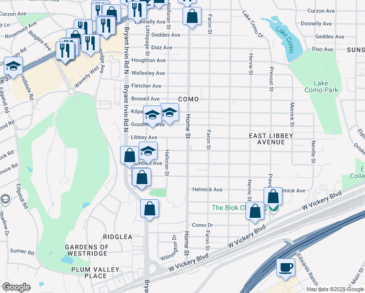 map of restaurants, bars, coffee shops, grocery stores, and more near 5705 Blackmore Avenue in Fort Worth
