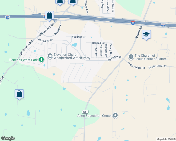 map of restaurants, bars, coffee shops, grocery stores, and more near 2524 Hadley Street in Weatherford