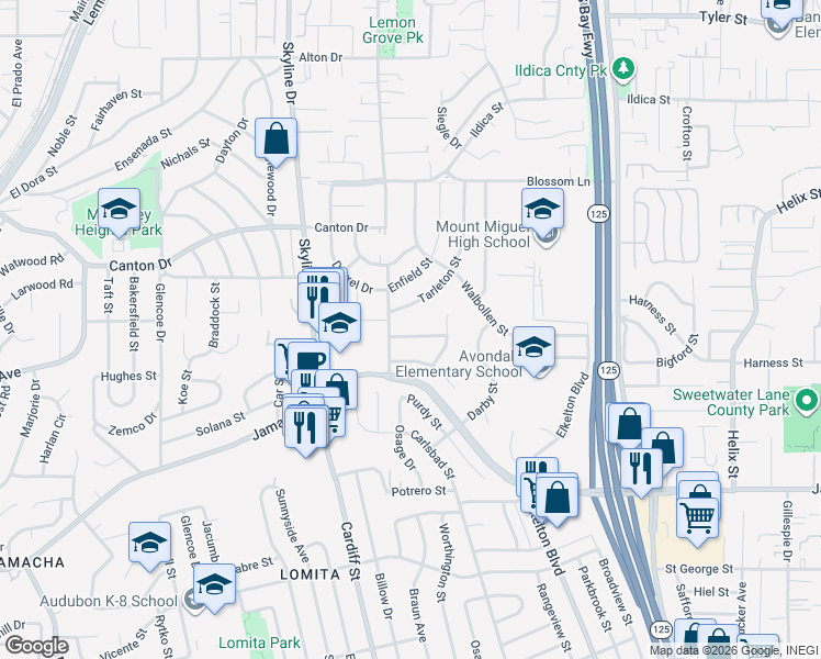 map of restaurants, bars, coffee shops, grocery stores, and more near 8118 Brampton Street in Spring Valley