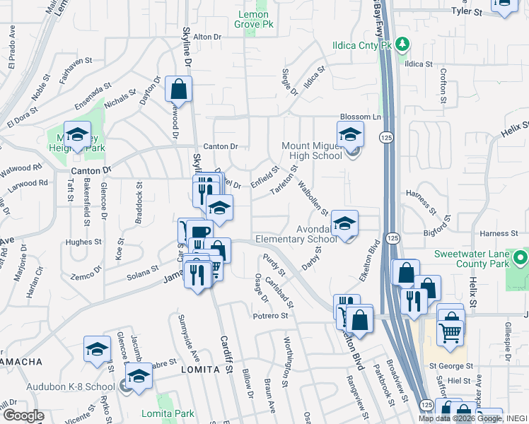 map of restaurants, bars, coffee shops, grocery stores, and more near 8118 Brampton Street in Spring Valley