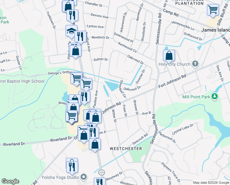 map of restaurants, bars, coffee shops, grocery stores, and more near 1530 Fort Johnson Road in Charleston