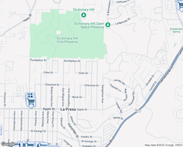 map of restaurants, bars, coffee shops, grocery stores, and more near 14419 Date Street in Spring Valley