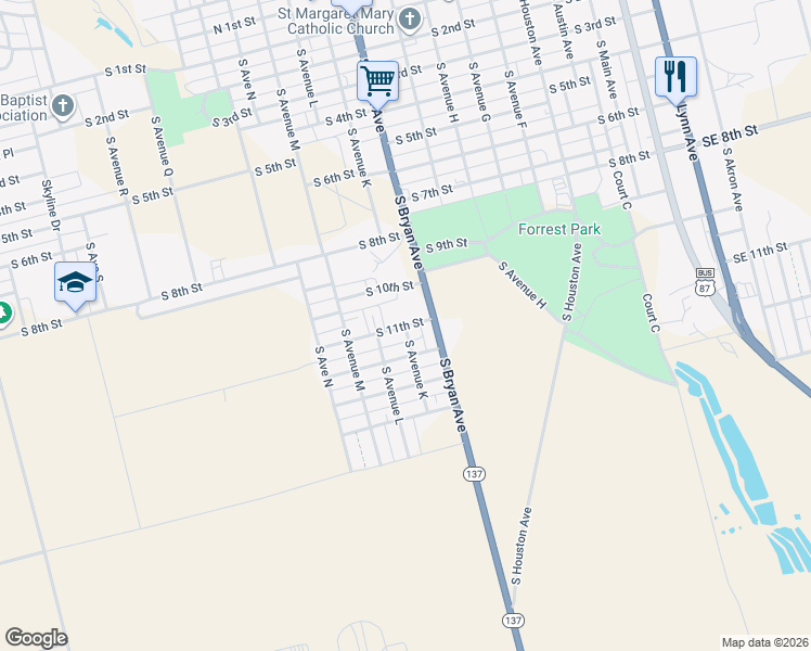 map of restaurants, bars, coffee shops, grocery stores, and more near 1201 South Avenue K in Lamesa