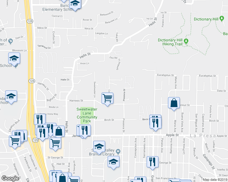 map of restaurants, bars, coffee shops, grocery stores, and more near 1624 Canyon Road in Spring Valley
