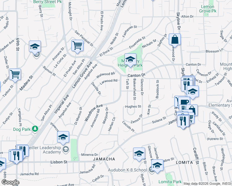 map of restaurants, bars, coffee shops, grocery stores, and more near 1426 Shipley Court in San Diego