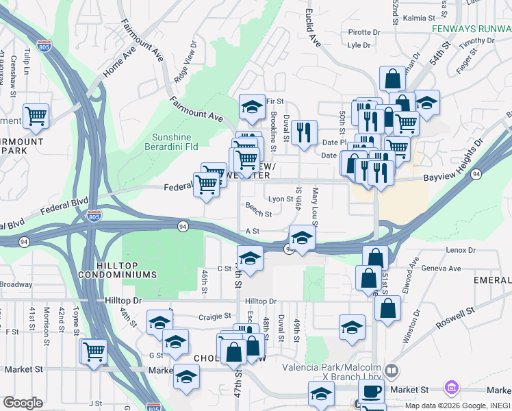 map of restaurants, bars, coffee shops, grocery stores, and more near 4749 Beech Street in San Diego