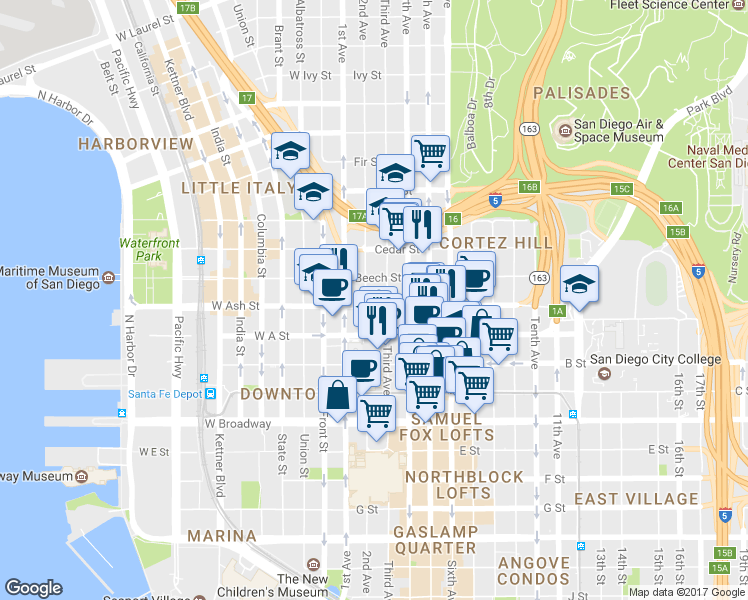 map of restaurants, bars, coffee shops, grocery stores, and more near in San Diego
