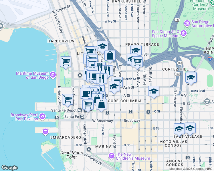 map of restaurants, bars, coffee shops, grocery stores, and more near 401 West Ash Street in San Diego