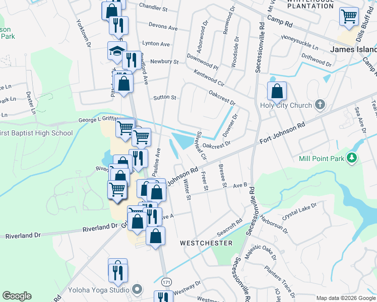 map of restaurants, bars, coffee shops, grocery stores, and more near 1530 Fort Johnson Road in Charleston