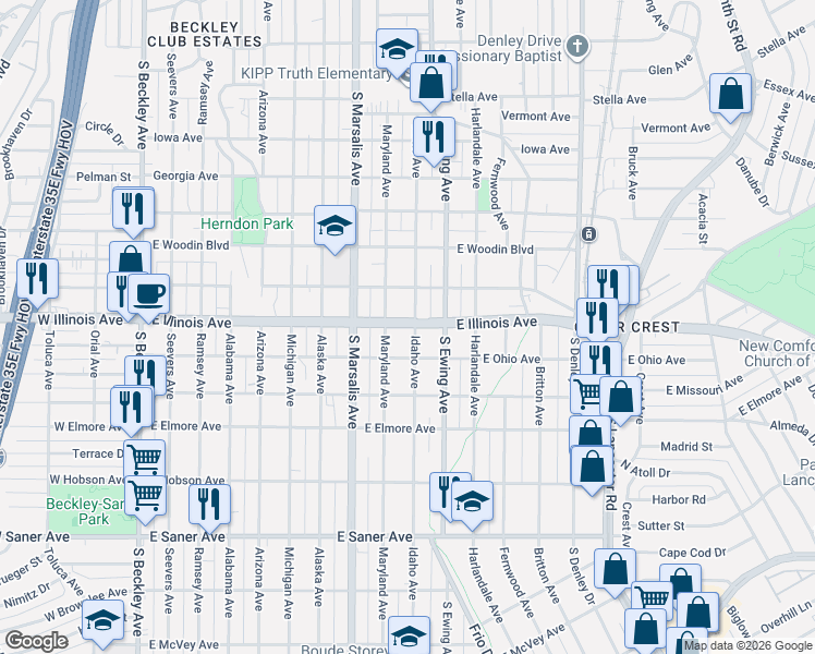 map of restaurants, bars, coffee shops, grocery stores, and more near 2322 Maryland Avenue in Dallas