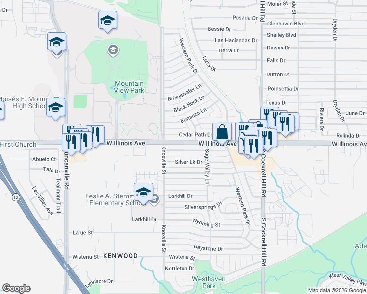 map of restaurants, bars, coffee shops, grocery stores, and more near 4658 Timber Wood Drive in Dallas