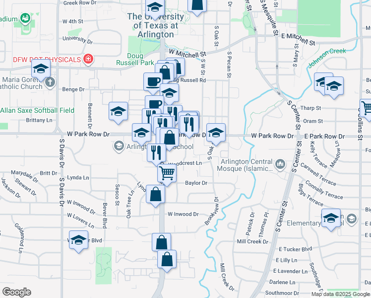 map of restaurants, bars, coffee shops, grocery stores, and more near 601 Woodcrest Lane in Arlington