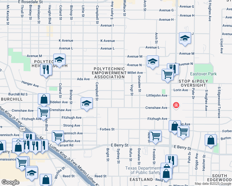 map of restaurants, bars, coffee shops, grocery stores, and more near 3705 South Littlejohn Avenue in Fort Worth