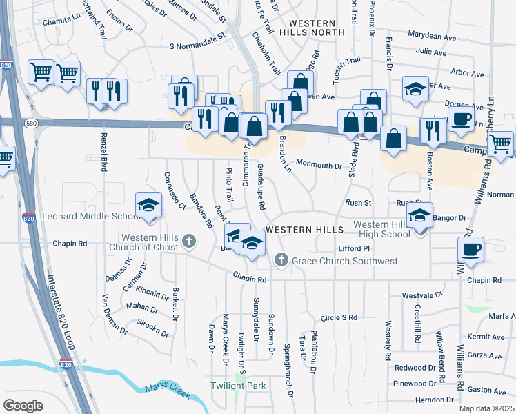 map of restaurants, bars, coffee shops, grocery stores, and more near 3533 Cimmaron Trail in Fort Worth
