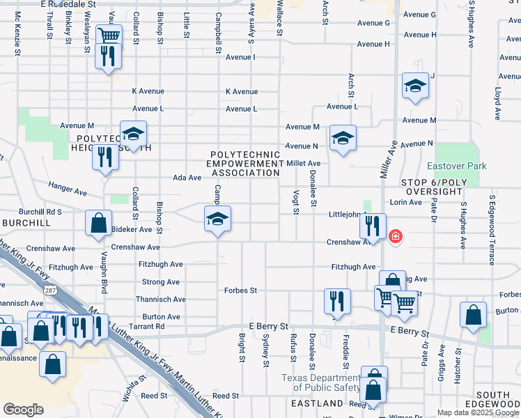 map of restaurants, bars, coffee shops, grocery stores, and more near 3705 South Littlejohn Avenue in Fort Worth
