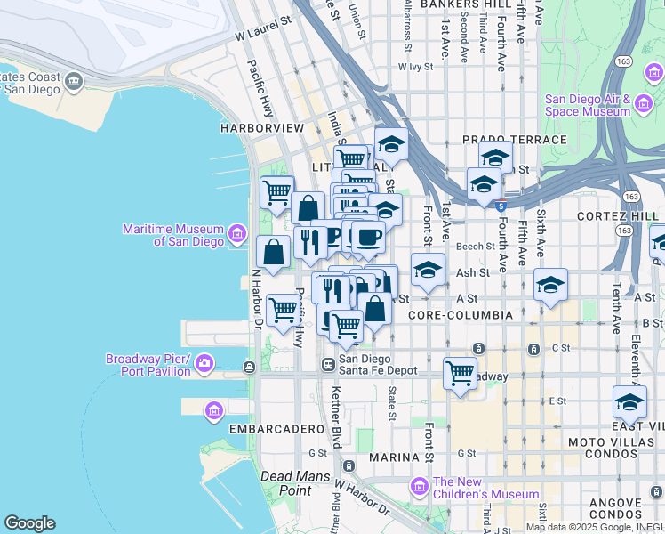 map of restaurants, bars, coffee shops, grocery stores, and more near 1420 Kettner Boulevard in San Diego
