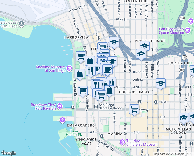 map of restaurants, bars, coffee shops, grocery stores, and more near 1420 Kettner Boulevard in San Diego
