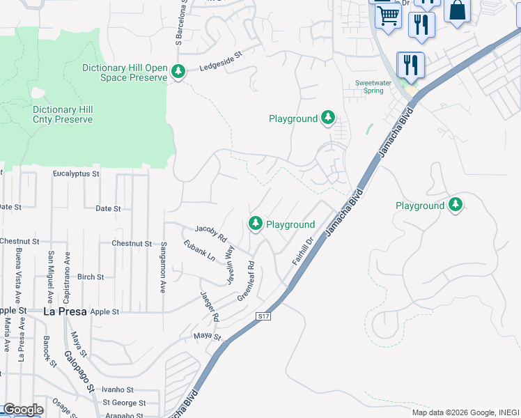map of restaurants, bars, coffee shops, grocery stores, and more near 1678 Whitestone Road in Spring Valley
