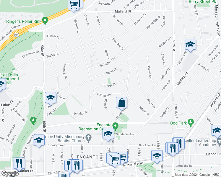 map of restaurants, bars, coffee shops, grocery stores, and more near 6439 Eider Street in San Diego