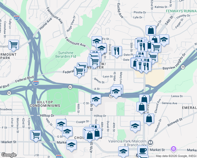 map of restaurants, bars, coffee shops, grocery stores, and more near 4749 Beech Street in San Diego