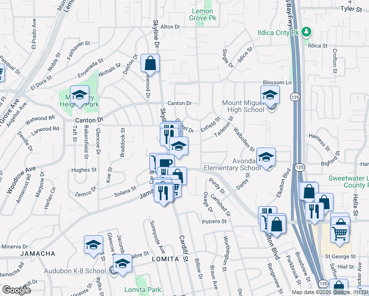 map of restaurants, bars, coffee shops, grocery stores, and more near 1345 Skyline Drive in Lemon Grove