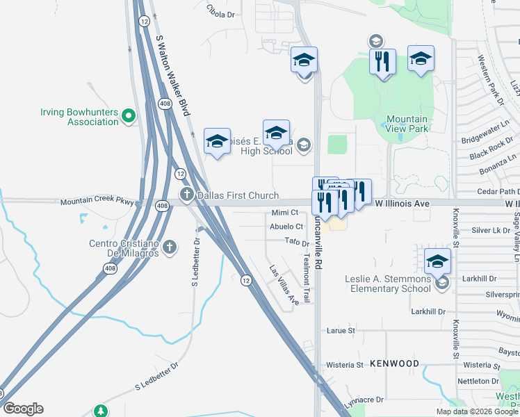 map of restaurants, bars, coffee shops, grocery stores, and more near 5213 Abuelo Court in Dallas
