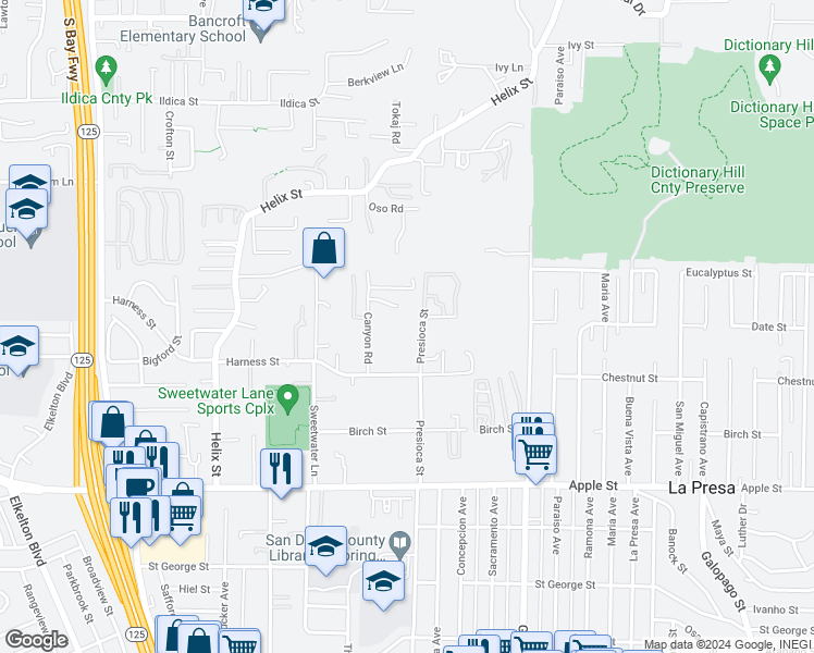 map of restaurants, bars, coffee shops, grocery stores, and more near 1624 Presioca Street in Spring Valley