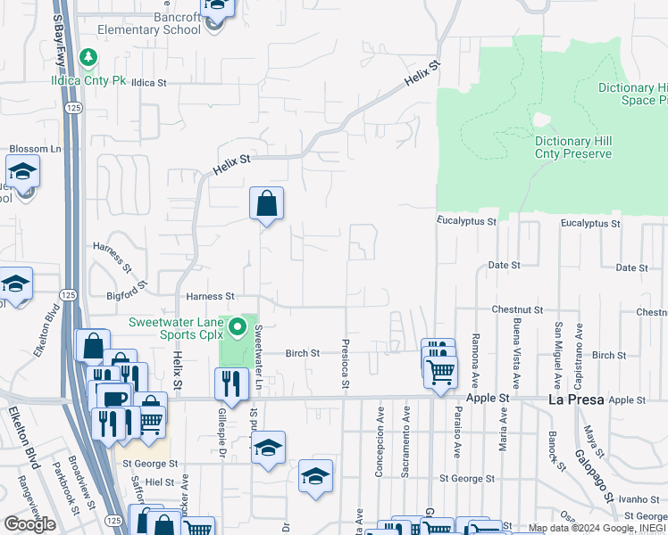map of restaurants, bars, coffee shops, grocery stores, and more near 1624 Presioca Street in Spring Valley