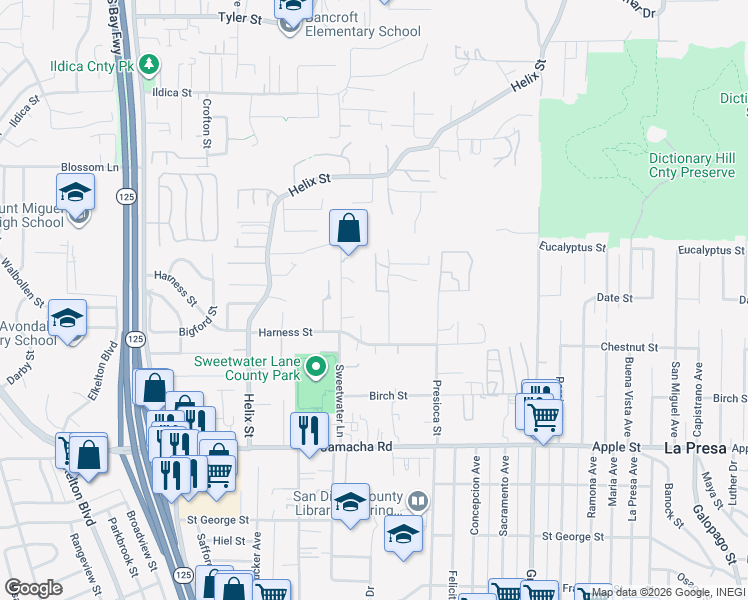 map of restaurants, bars, coffee shops, grocery stores, and more near 1624 Canyon Road in Spring Valley