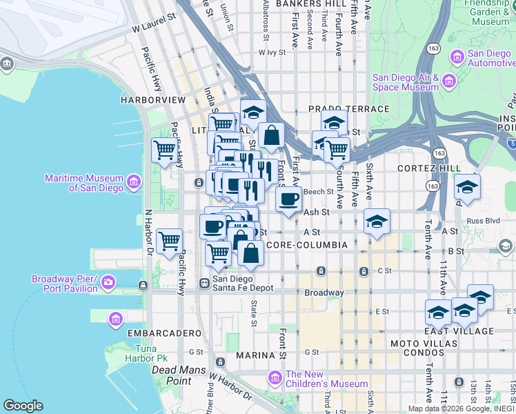 map of restaurants, bars, coffee shops, grocery stores, and more near 350 West Ash Street in San Diego