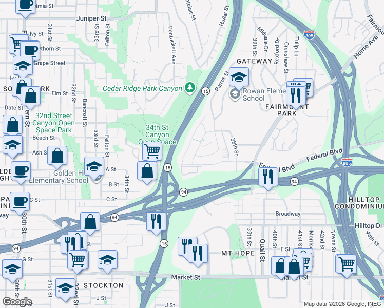 map of restaurants, bars, coffee shops, grocery stores, and more near 1470 Cactusridge Street in San Diego