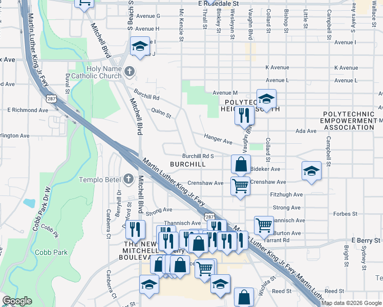 map of restaurants, bars, coffee shops, grocery stores, and more near 2836 Burchill Road South in Fort Worth