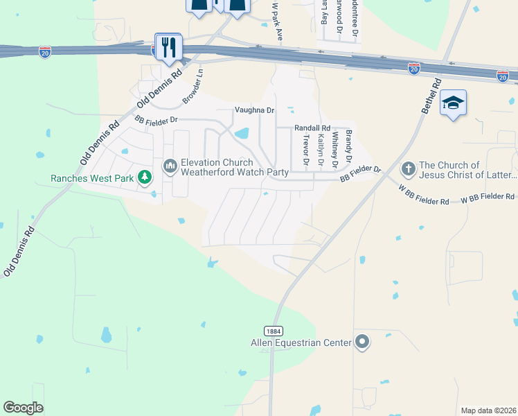 map of restaurants, bars, coffee shops, grocery stores, and more near 2541 Weatherford Heights Drive in Weatherford