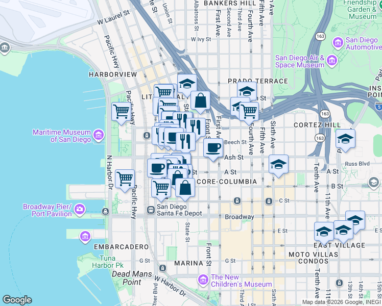 map of restaurants, bars, coffee shops, grocery stores, and more near 401 West Ash Street in San Diego
