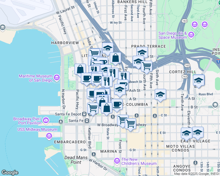 map of restaurants, bars, coffee shops, grocery stores, and more near 350 West Ash Street in San Diego
