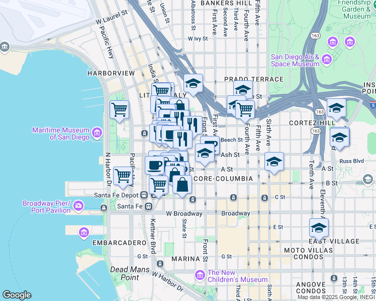 map of restaurants, bars, coffee shops, grocery stores, and more near 350 West Ash Street in San Diego