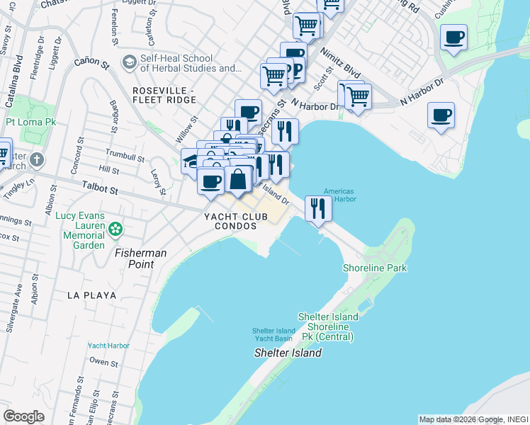 map of restaurants, bars, coffee shops, grocery stores, and more near 1150 Anchorage Lane in San Diego
