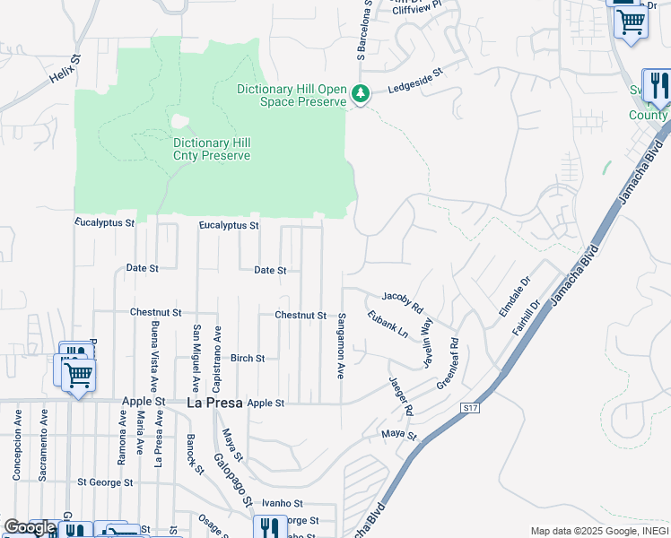 map of restaurants, bars, coffee shops, grocery stores, and more near 1606 Sangamon Avenue in Spring Valley