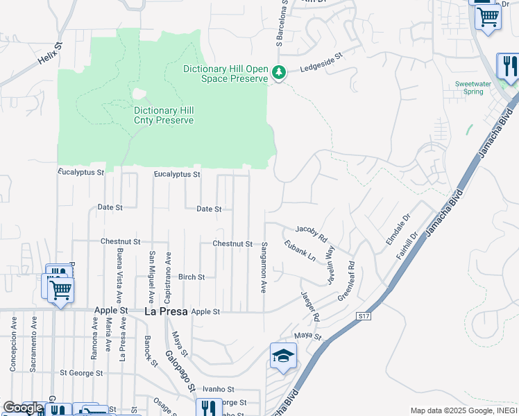 map of restaurants, bars, coffee shops, grocery stores, and more near 1606 Sangamon Avenue in Spring Valley