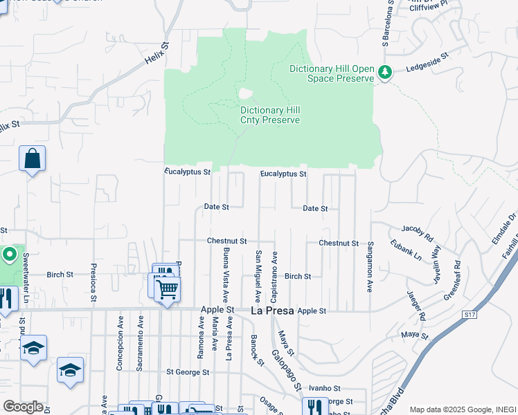 map of restaurants, bars, coffee shops, grocery stores, and more near Date Street in La Presa