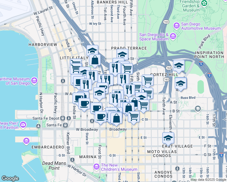 map of restaurants, bars, coffee shops, grocery stores, and more near 101 Ash Street in San Diego