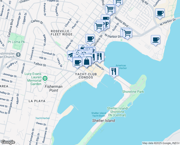 map of restaurants, bars, coffee shops, grocery stores, and more near 1199 Anchorage Lane in San Diego