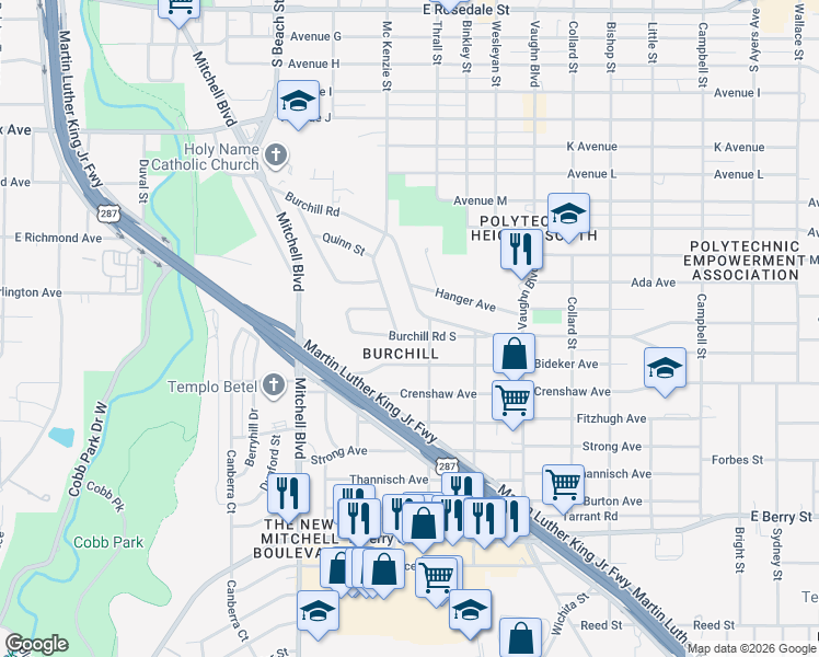 map of restaurants, bars, coffee shops, grocery stores, and more near 2836 Burchill Road South in Fort Worth