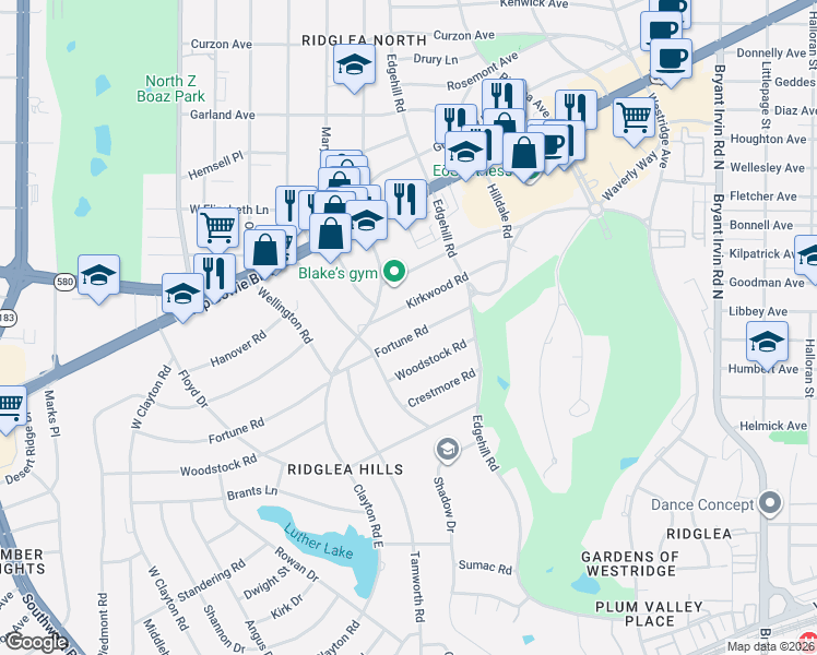 map of restaurants, bars, coffee shops, grocery stores, and more near 6474 Woodstock Road in Fort Worth