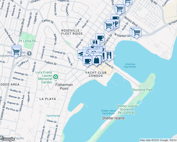 map of restaurants, bars, coffee shops, grocery stores, and more near in San Diego